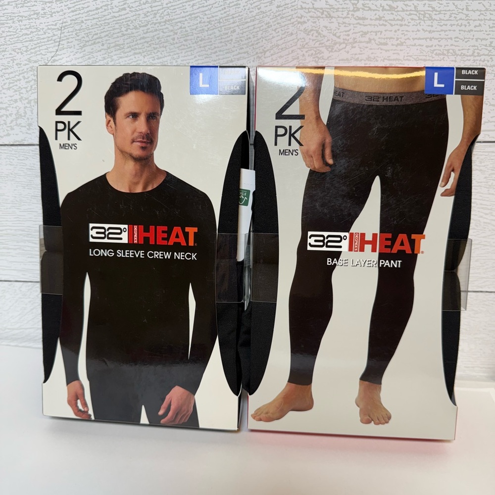 32 Degrees Men's Black Long Sleeve Crew Neck 2pk and Base Layer Pant Set 2pk L